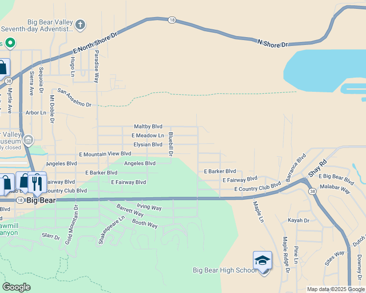 map of restaurants, bars, coffee shops, grocery stores, and more near 724 Elysian Boulevard in Big Bear