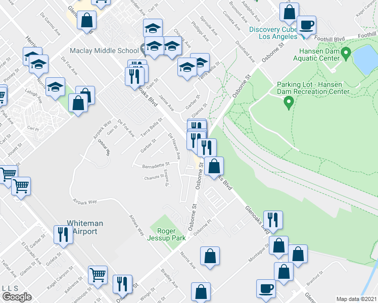 map of restaurants, bars, coffee shops, grocery stores, and more near 12301 Osborne Street in Pacoima