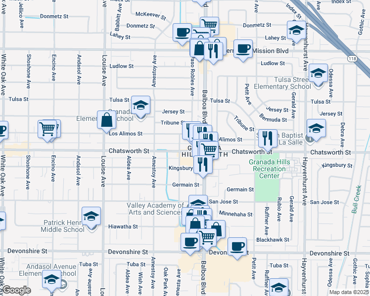 map of restaurants, bars, coffee shops, grocery stores, and more near 17068 Chatsworth Street in Los Angeles