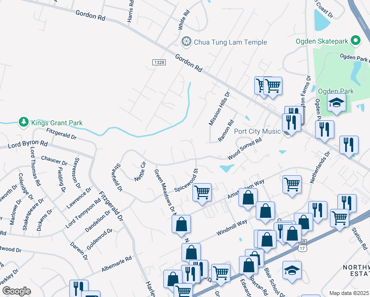 map of restaurants, bars, coffee shops, grocery stores, and more near 612 Cherry Laurel Court in Wilmington