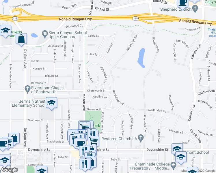 map of restaurants, bars, coffee shops, grocery stores, and more near 20314 Fullbright Place in Los Angeles