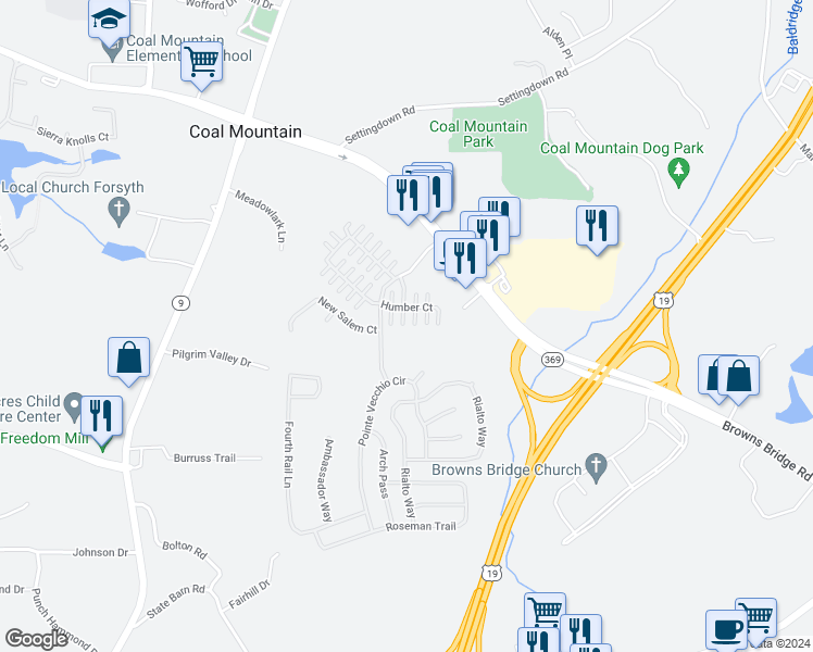 map of restaurants, bars, coffee shops, grocery stores, and more near 3744 Humber Court in Cumming