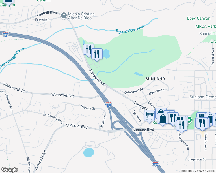 map of restaurants, bars, coffee shops, grocery stores, and more near 9137 West Foothill Boulevard in Los Angeles