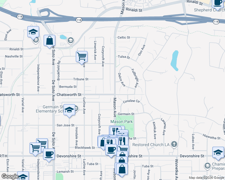 map of restaurants, bars, coffee shops, grocery stores, and more near 10714 Sunnybrae Avenue in Los Angeles