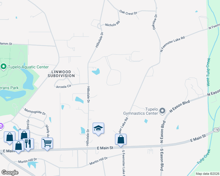 map of restaurants, bars, coffee shops, grocery stores, and more near 501-599 Windsor Circle in Tupelo