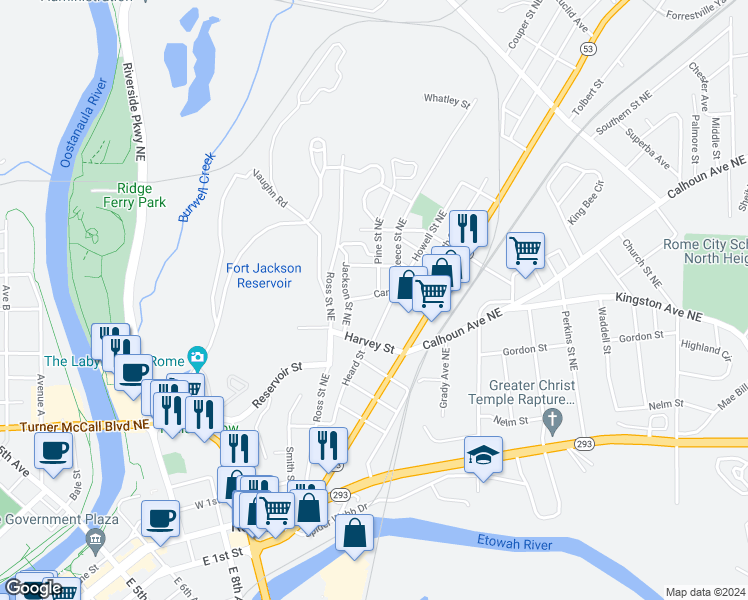 map of restaurants, bars, coffee shops, grocery stores, and more near 301 Camp Street Northeast in Rome