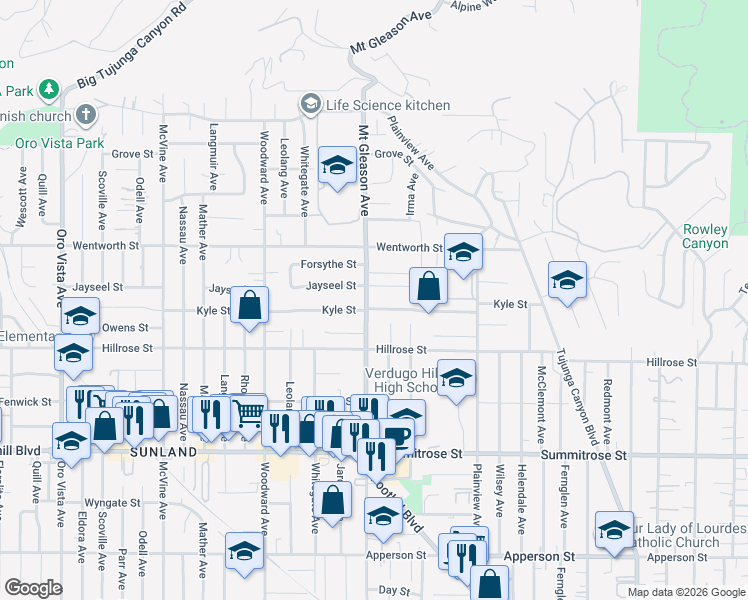 map of restaurants, bars, coffee shops, grocery stores, and more near 10762 Mount Gleason Avenue in Los Angeles