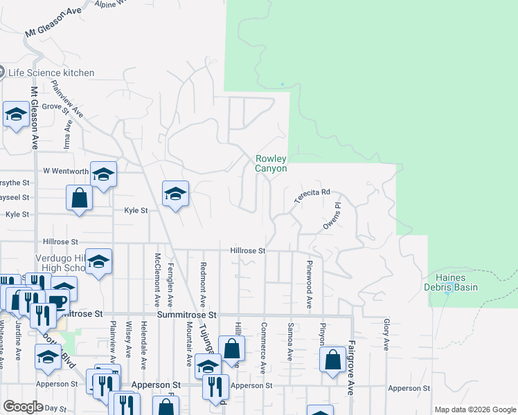map of restaurants, bars, coffee shops, grocery stores, and more near 10775 Sevenhills Drive in Los Angeles