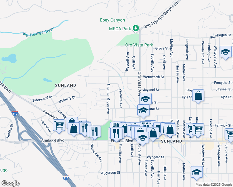 map of restaurants, bars, coffee shops, grocery stores, and more near 10739 Floralita Avenue in Los Angeles