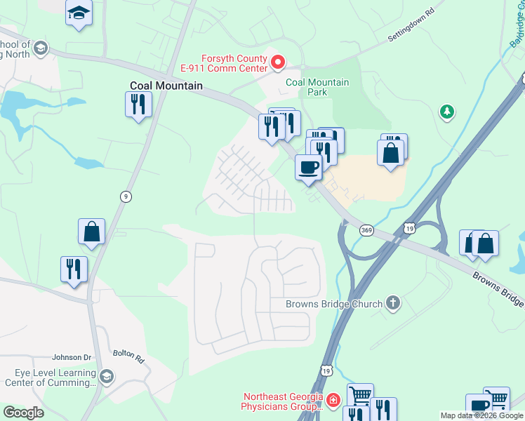 map of restaurants, bars, coffee shops, grocery stores, and more near 3850 Bridgetowne Drive in Cumming