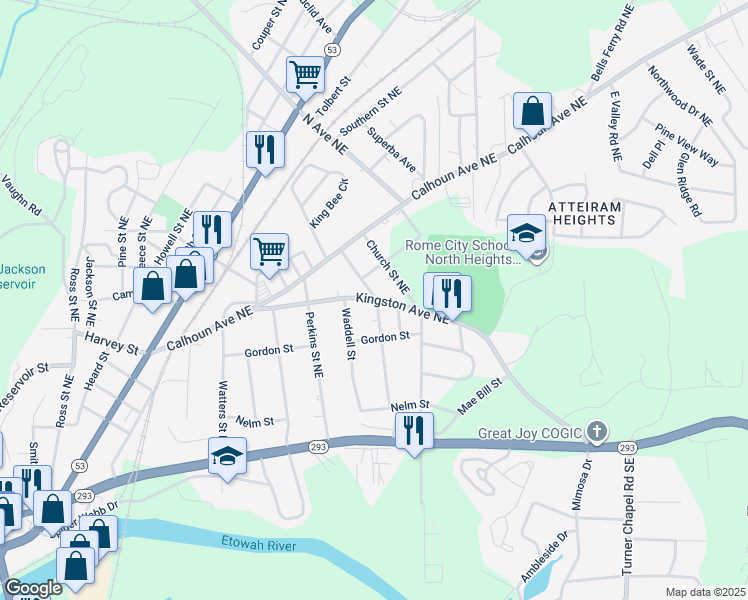 map of restaurants, bars, coffee shops, grocery stores, and more near 410 Kingston Avenue Northeast in Rome