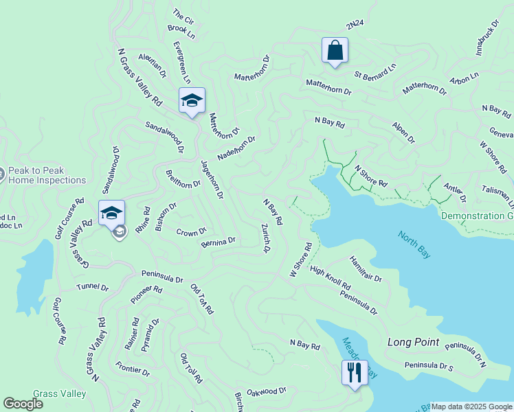 map of restaurants, bars, coffee shops, grocery stores, and more near 27532 North Bay Road in Lake Arrowhead