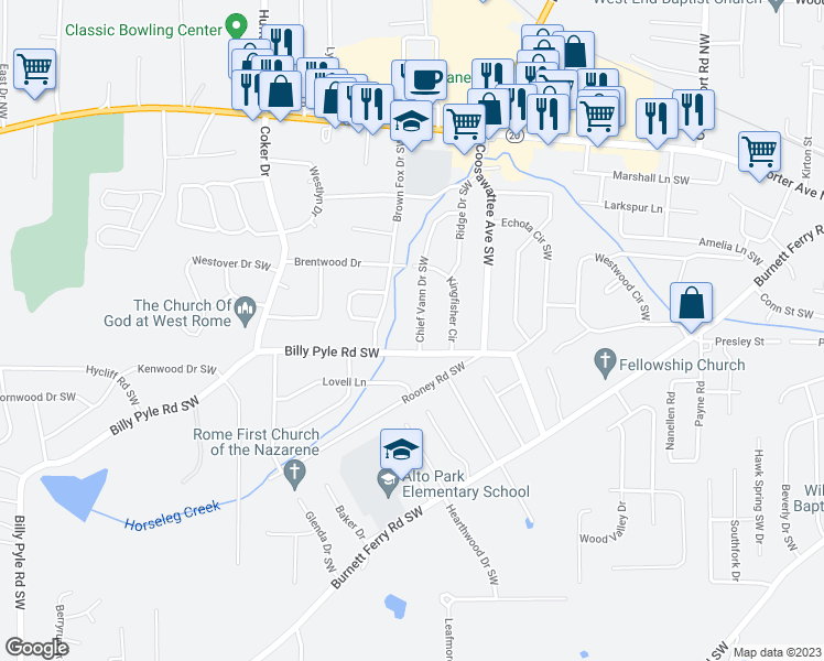 map of restaurants, bars, coffee shops, grocery stores, and more near 116 Chief Vann Drive Southwest in Rome