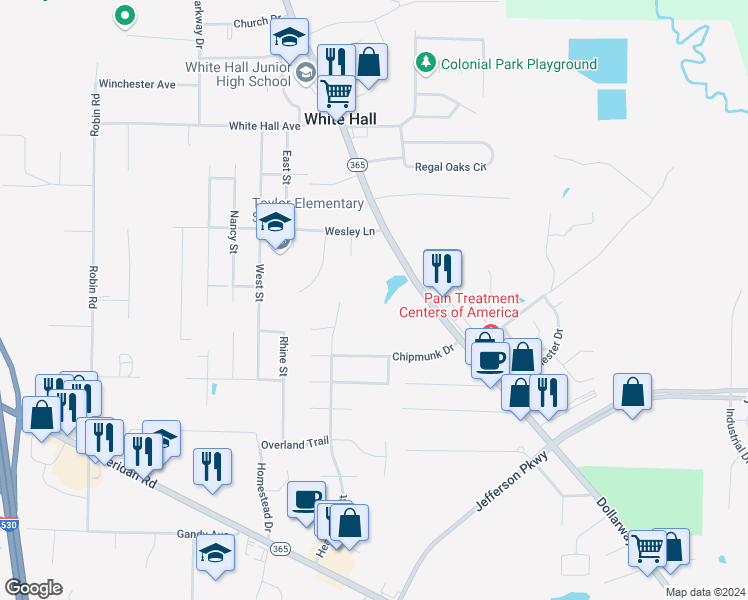 map of restaurants, bars, coffee shops, grocery stores, and more near 7520 Dollarway Road in White Hall