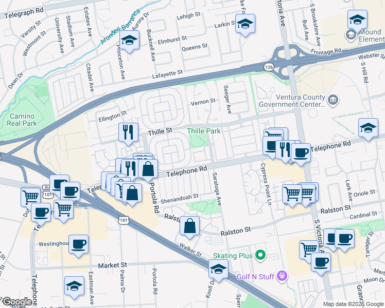 map of restaurants, bars, coffee shops, grocery stores, and more near 50 Debussy Lane in Ventura