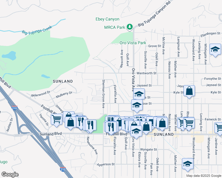 map of restaurants, bars, coffee shops, grocery stores, and more near 10739 Floralita Avenue in Los Angeles