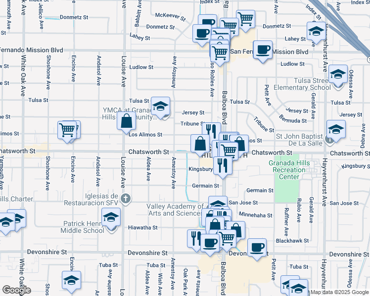 map of restaurants, bars, coffee shops, grocery stores, and more near 17112 Chatsworth Street in Los Angeles