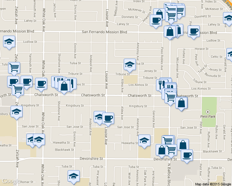 map of restaurants, bars, coffee shops, grocery stores, and more near 17204 Chatsworth Street in Los Angeles