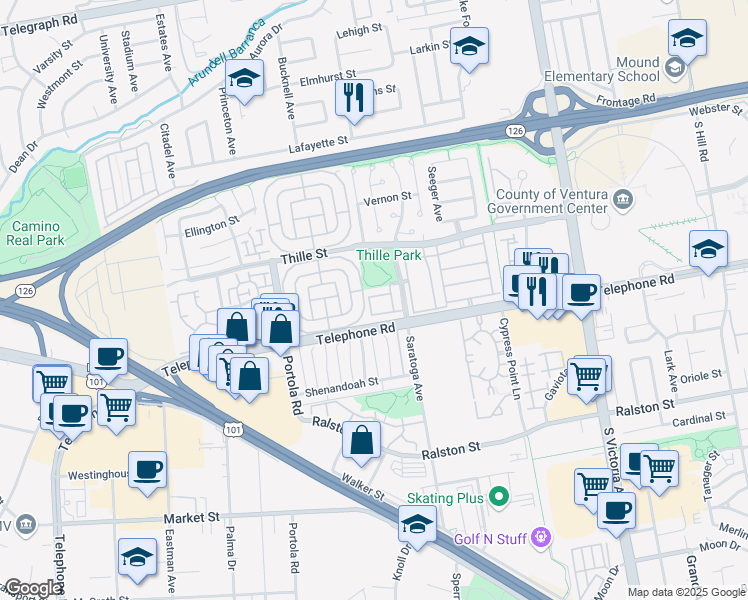 map of restaurants, bars, coffee shops, grocery stores, and more near 5341 Gillespie Street in Ventura