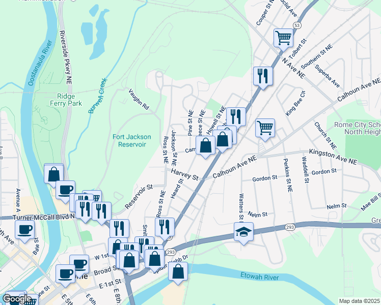 map of restaurants, bars, coffee shops, grocery stores, and more near 205 Camp Street Northeast in Rome