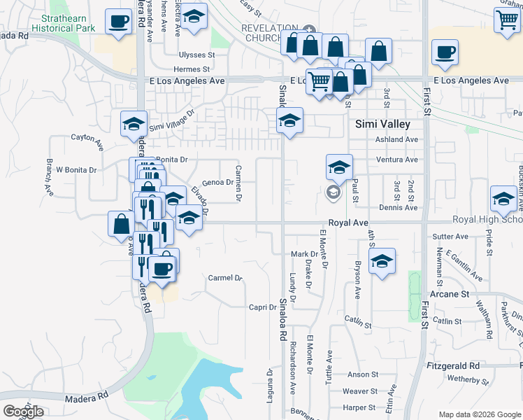 map of restaurants, bars, coffee shops, grocery stores, and more near 1434 Venice Street in Simi Valley