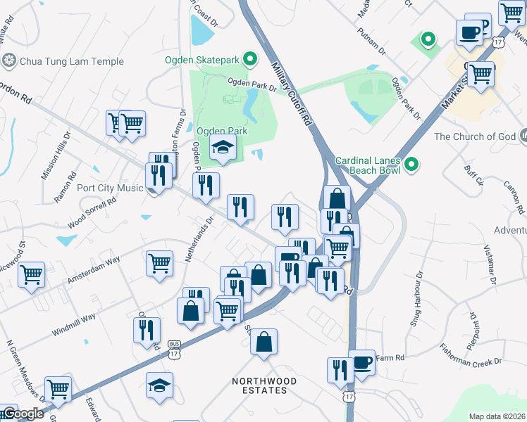 map of restaurants, bars, coffee shops, grocery stores, and more near 7113 Cape Harbor Drive in Wilmington