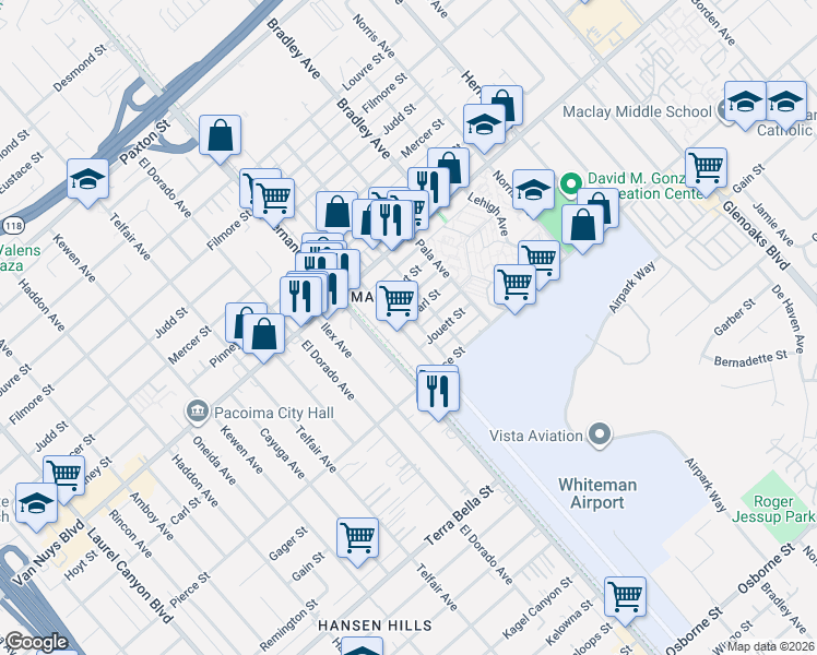 map of restaurants, bars, coffee shops, grocery stores, and more near 10726 Sutter Avenue in Los Angeles