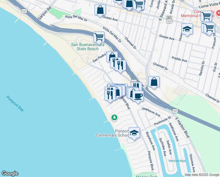 map of restaurants, bars, coffee shops, grocery stores, and more near 1029 Dover Lane in Ventura