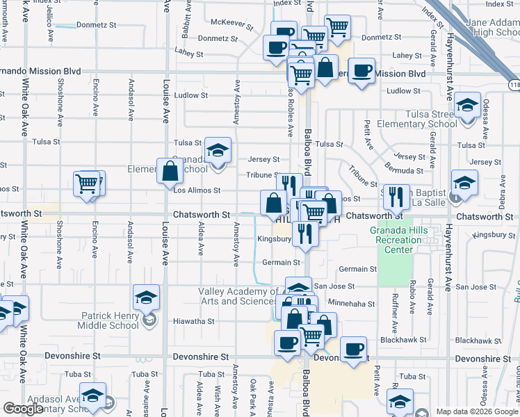 map of restaurants, bars, coffee shops, grocery stores, and more near 17087 Chatsworth Street in Los Angeles