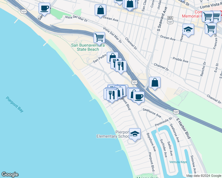 map of restaurants, bars, coffee shops, grocery stores, and more near 1029 Dover Lane in Ventura