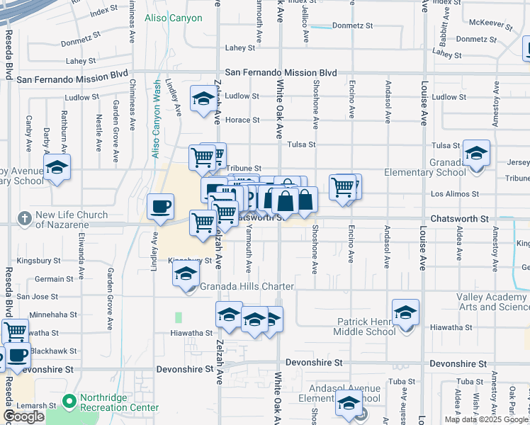 map of restaurants, bars, coffee shops, grocery stores, and more near 17734 Chatsworth Street in Los Angeles
