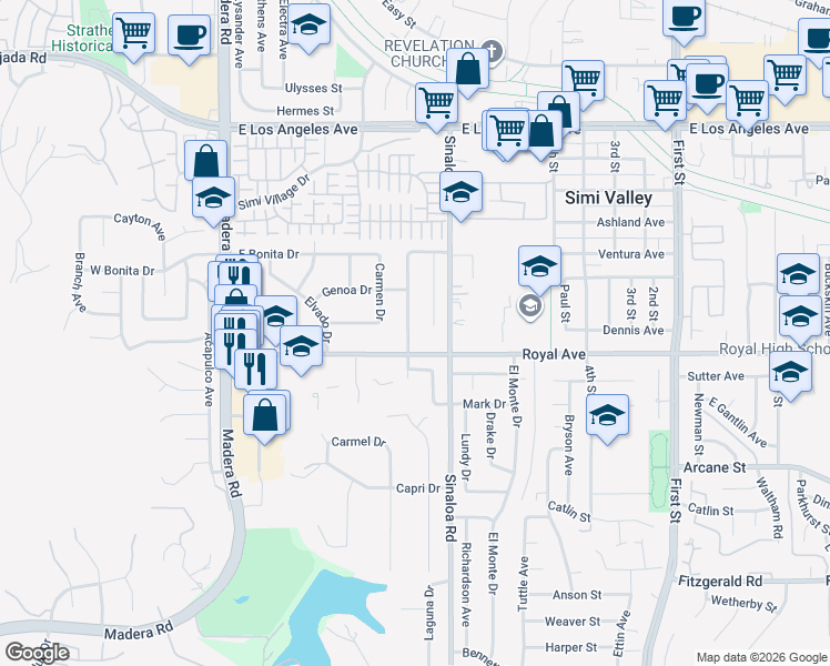 map of restaurants, bars, coffee shops, grocery stores, and more near 1434 Venice Street in Simi Valley
