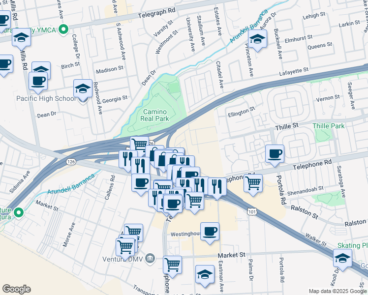 map of restaurants, bars, coffee shops, grocery stores, and more near 41 Copland Circle in Ventura