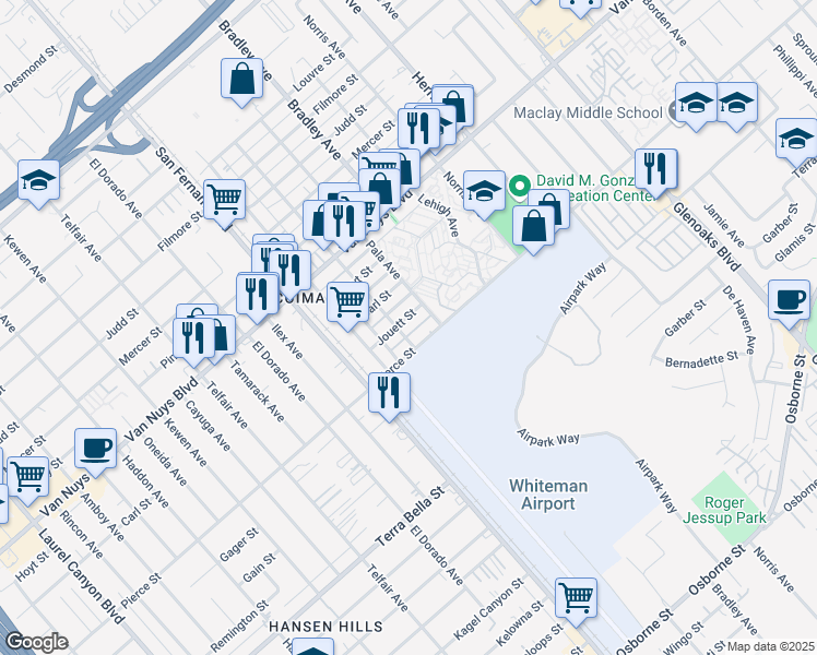 map of restaurants, bars, coffee shops, grocery stores, and more near 13064 Jouett Street in Los Angeles