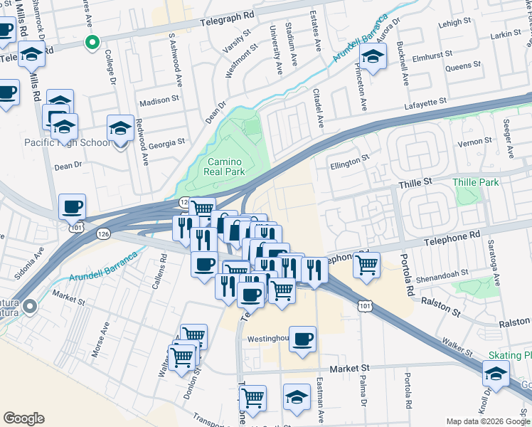 map of restaurants, bars, coffee shops, grocery stores, and more near 4499 Copland Drive in Ventura