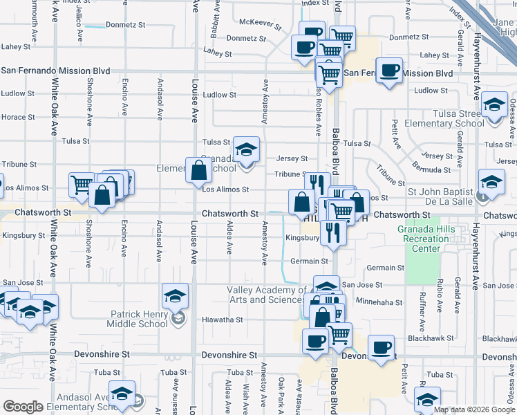 map of restaurants, bars, coffee shops, grocery stores, and more near 17154 Chatsworth Street in Los Angeles