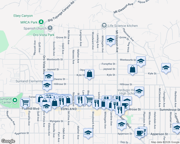 map of restaurants, bars, coffee shops, grocery stores, and more near 8012 Jayseel Street in Los Angeles