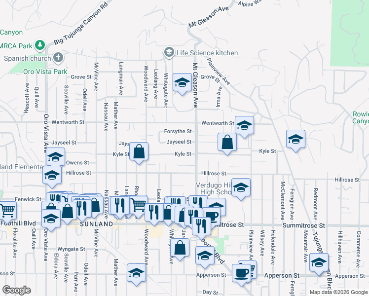 map of restaurants, bars, coffee shops, grocery stores, and more near 7831 Kyle Street in Los Angeles