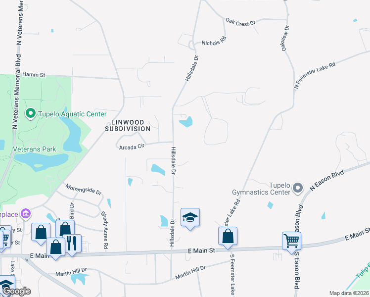 map of restaurants, bars, coffee shops, grocery stores, and more near 508 Hillsdale Drive in Tupelo
