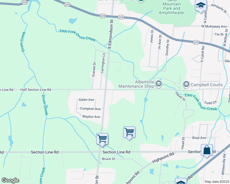 map of restaurants, bars, coffee shops, grocery stores, and more near 400 Alicia Street in Albertville