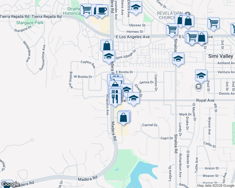 map of restaurants, bars, coffee shops, grocery stores, and more near 1464 Madera Road in Simi Valley