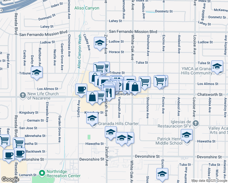 map of restaurants, bars, coffee shops, grocery stores, and more near 17824 Chatsworth Street in Los Angeles