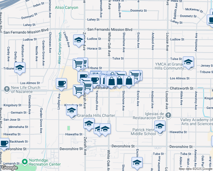 map of restaurants, bars, coffee shops, grocery stores, and more near 17656 Chatsworth Street in Los Angeles