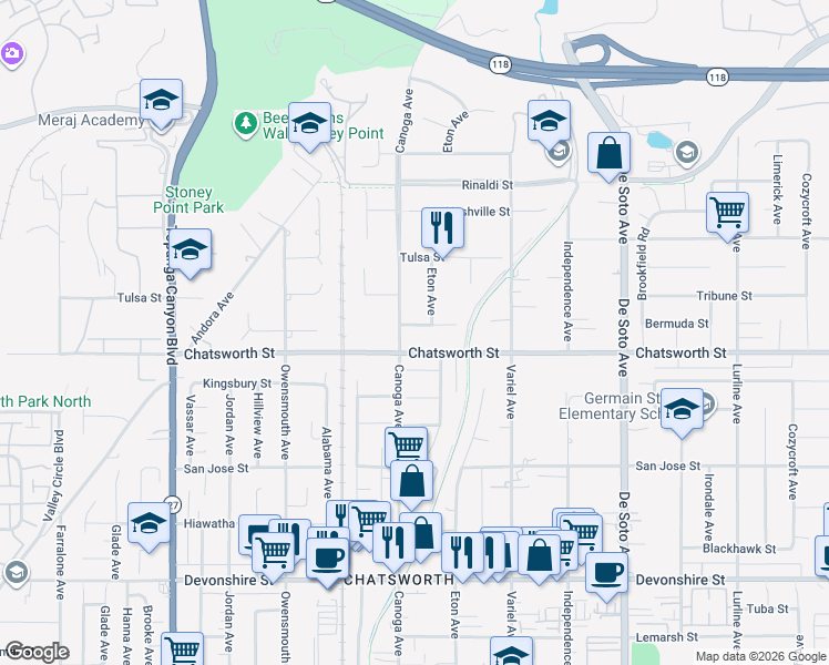 map of restaurants, bars, coffee shops, grocery stores, and more near 21348 Bermuda Street in Los Angeles