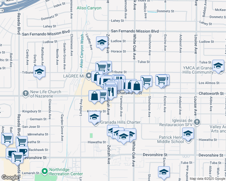 map of restaurants, bars, coffee shops, grocery stores, and more near 17833 Chatsworth Street in Los Angeles