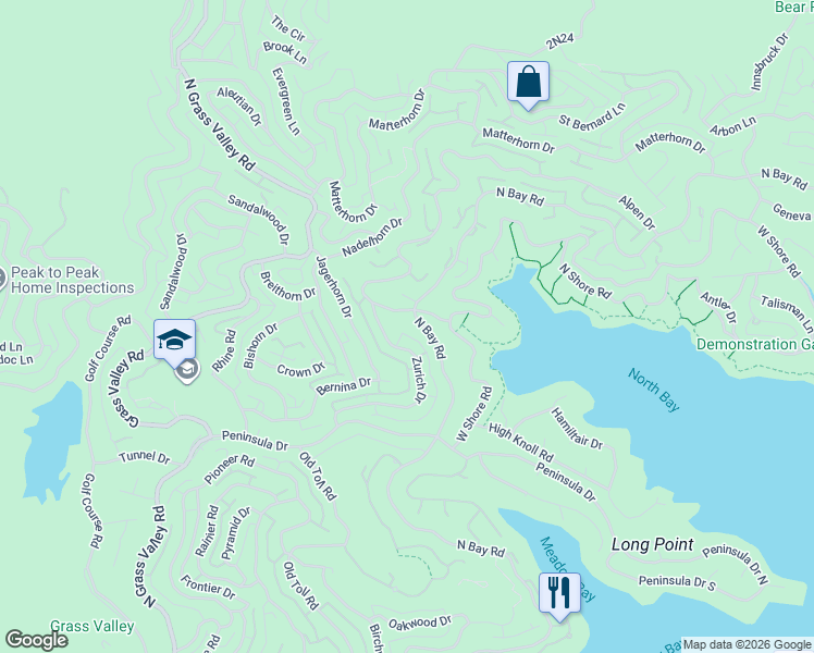 map of restaurants, bars, coffee shops, grocery stores, and more near 27522 North Bay Road in Lake Arrowhead