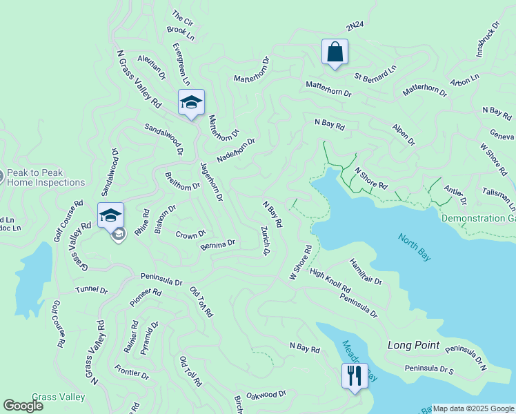 map of restaurants, bars, coffee shops, grocery stores, and more near 27532 North Bay Road in Lake Arrowhead