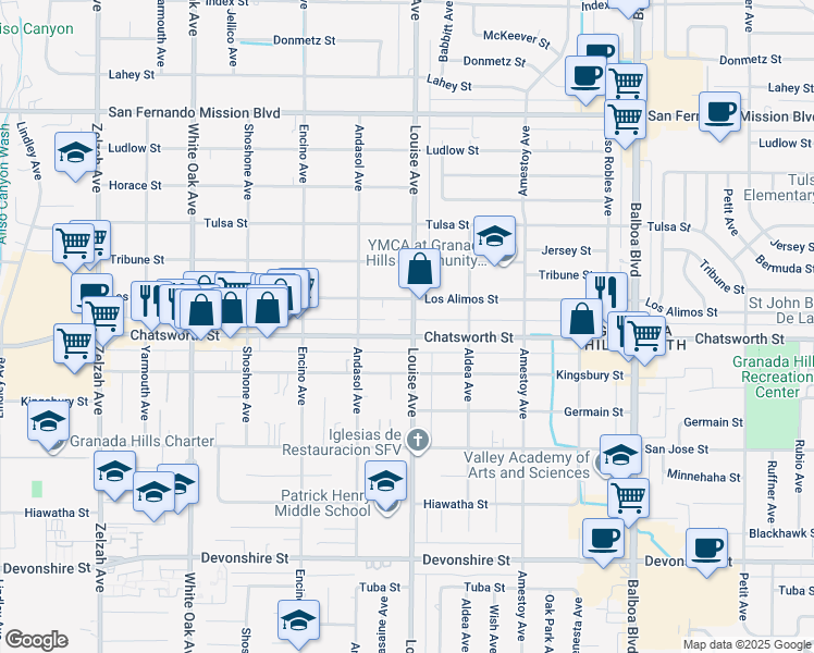 map of restaurants, bars, coffee shops, grocery stores, and more near 17303 Chatsworth Street in Los Angeles