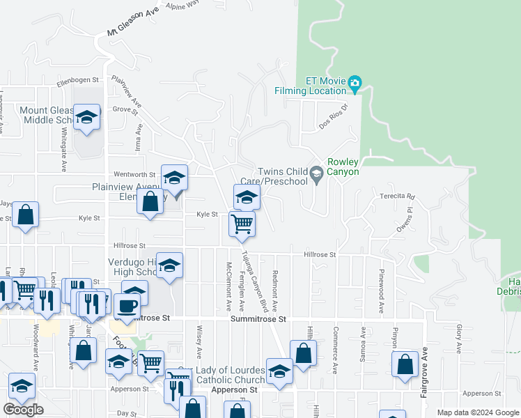 map of restaurants, bars, coffee shops, grocery stores, and more near 10803 Redmont Avenue in Los Angeles