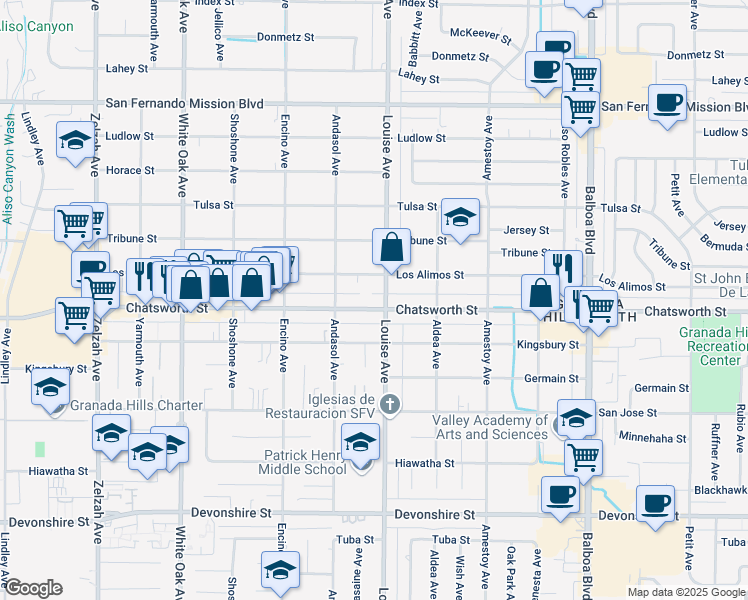 map of restaurants, bars, coffee shops, grocery stores, and more near 17311 Chatsworth Street in Los Angeles